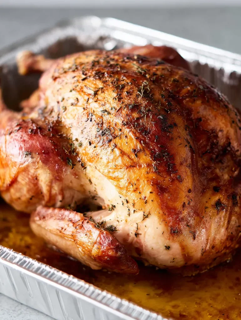 A close-up of a perfectly roasted, golden-brown turkey in a silver foil pan, surrounded by glistening drippings.