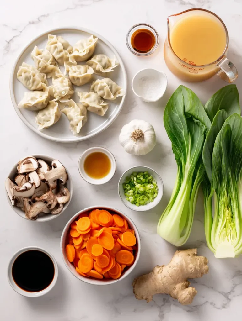 A flat lay of various Asian soup ingredients including raw dumplings, bok choy, carrots, mushrooms, ginger, and garlic on white marble.