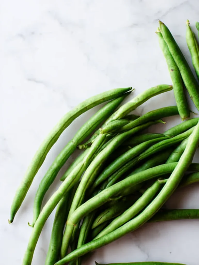 Bright green string beans on a white marble background with soft shadows, captured from an overhead perspective.