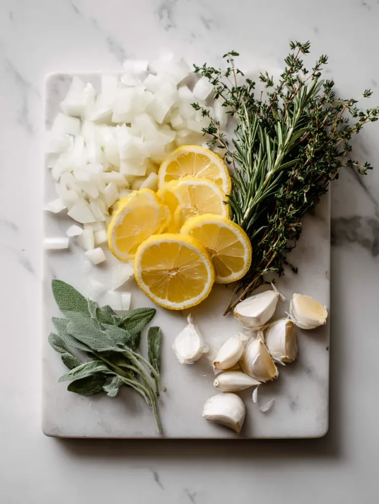 An overhead shot of fresh cooking ingredients on a white cutting board, featuring lemons, onions, garlic, and herbs.