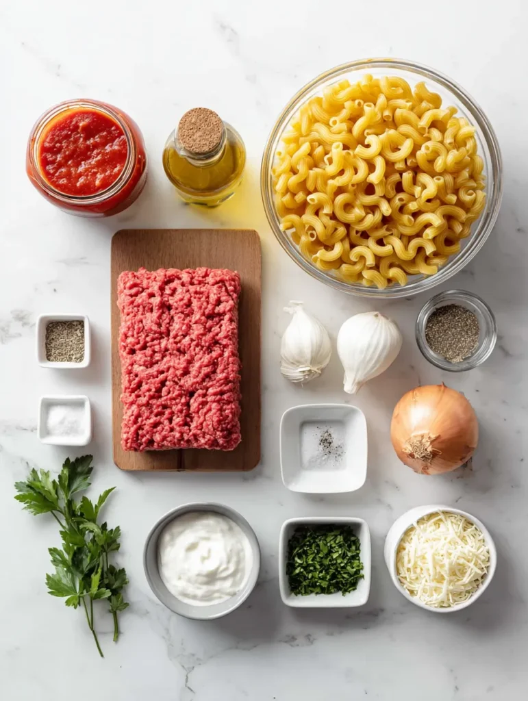 A meticulously arranged overhead flat lay of fresh ingredients for a pasta dish on a white marble surface, including ground beef, pasta, sauces, spices, and fresh produce.