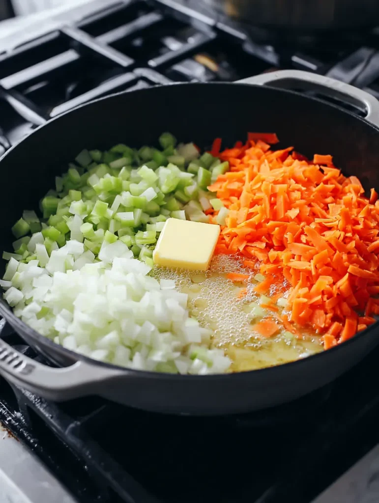 A cast iron pan on a stovetop with diced onions, celery, shredded carrots, and melting butter, ready for cooking.