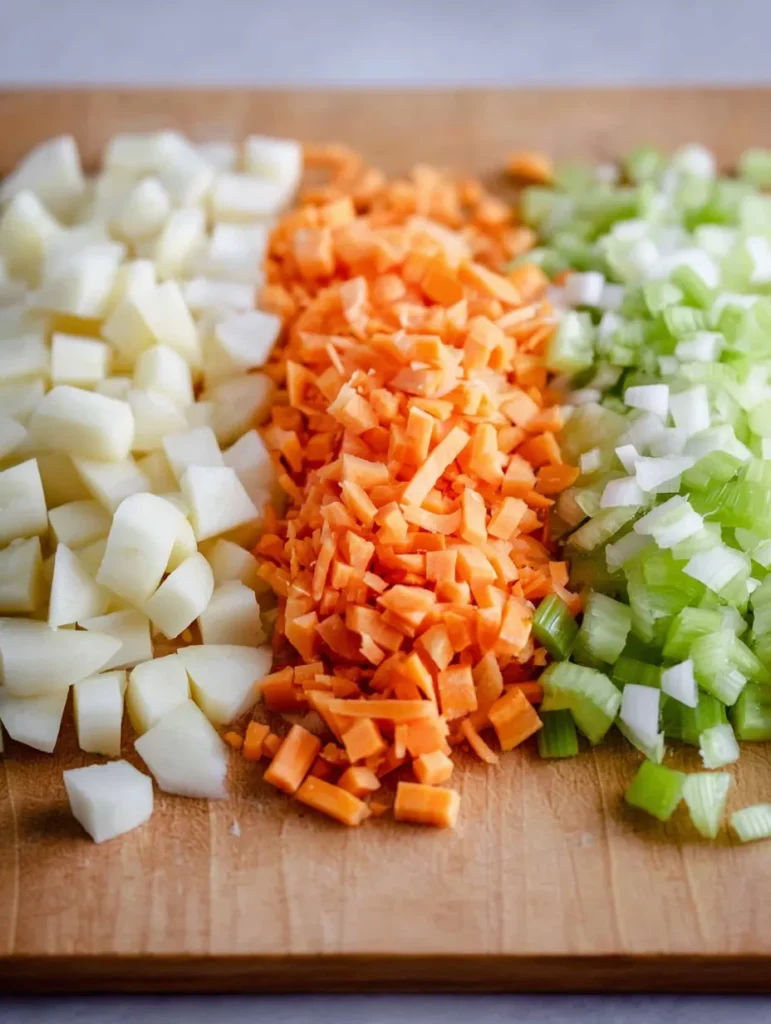 Four piles of neatly chopped vegetables: potatoes, carrots, celery, and onions, on a wooden cutting board.