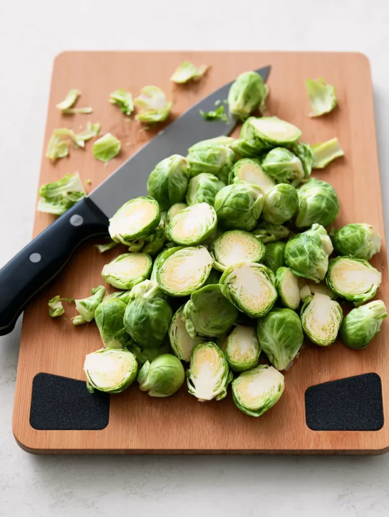 A close-up overhead shot of halved green brussels sprouts on a light brown cutting board with a black knife.