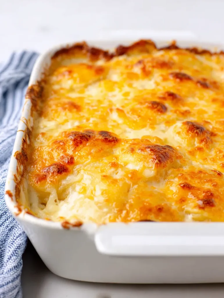 A close-up of a golden-brown cheesy potato gratin baking in a white ceramic dish on a white background with a blue and white striped towel.