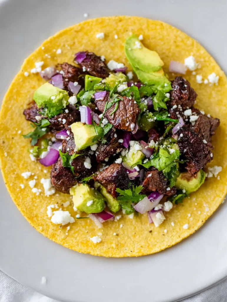 An overhead view of a delicious steak taco on a white plate, garnished with avocado, red onion, cilantro, and cheese.