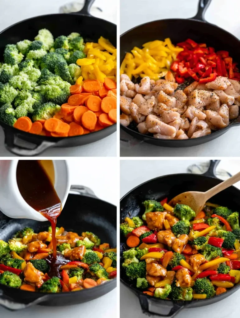 Four-panel image showing the steps to cook a stir-fry, including raw vegetables, cooking chicken, adding sauce, and mixing.