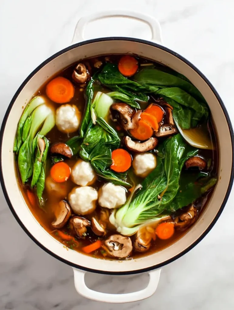 An overhead view of a white dutch oven filled with savory broth, dumplings, carrots, shiitake mushrooms, and bok choy.