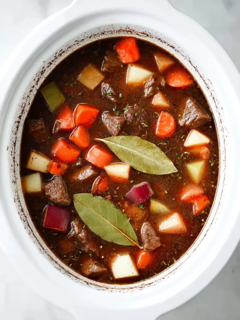 An overhead view of a rich, bubbling beef stew with chunks of meat, carrots, potatoes, celery, and bay leaves simmering in a white slow cooker.
