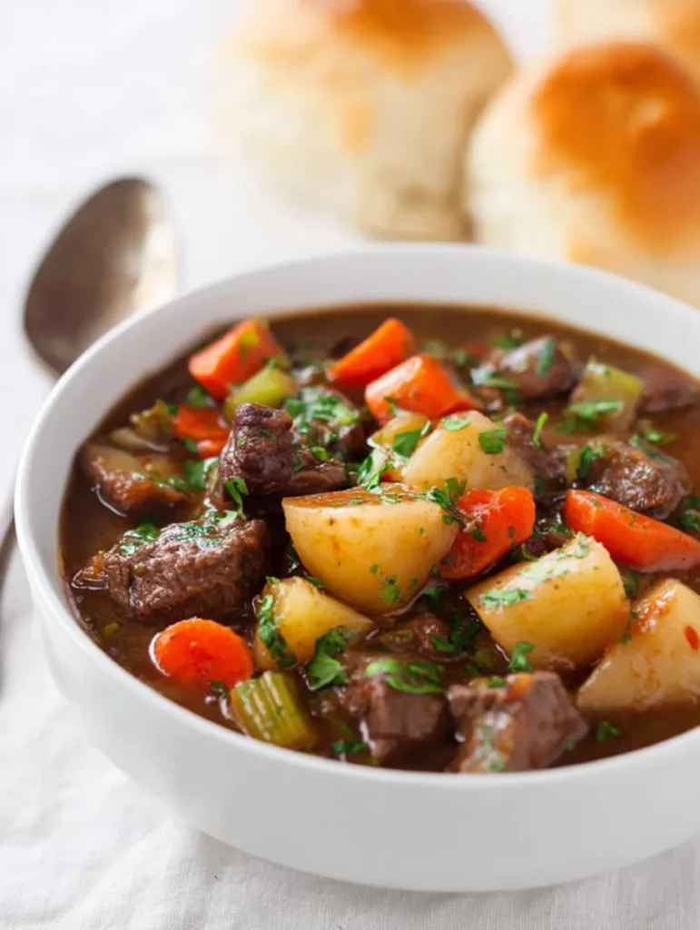 A close-up of a white bowl overflowing with savory beef stew, garnished with fresh herbs, alongside soft dinner rolls and a spoon.