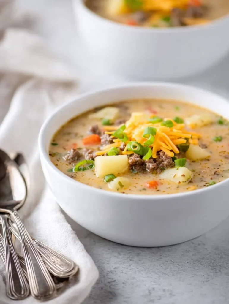 Two bowls of creamy cheeseburger soup topped with shredded cheddar and green onions, with spoons on a napkin.