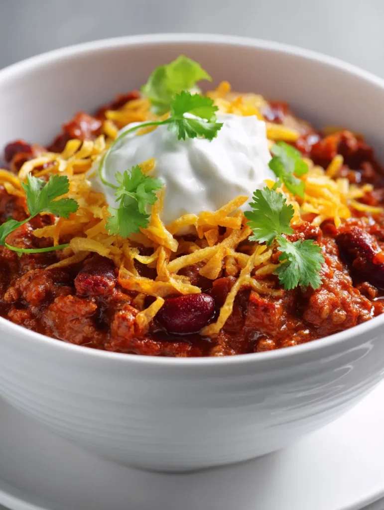 A close-up of a white bowl of chili topped with sour cream, shredded cheese, crispy onions, and cilantro.