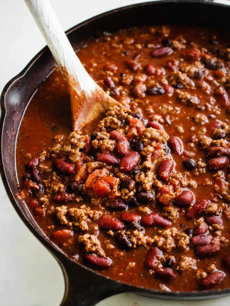 A close-up, overhead view of thick, hearty chili in a black cast iron skillet, with a wooden spoon.