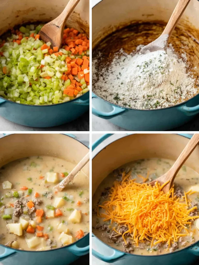 A grid of four photos depicting the steps to make soup in a teal pot, from sautéing vegetables to adding cheese to the finished dish.