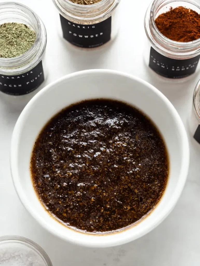 An overhead shot of a white bowl filled with a dark herb marinade, surrounded by various labeled spice jars on a white surface.