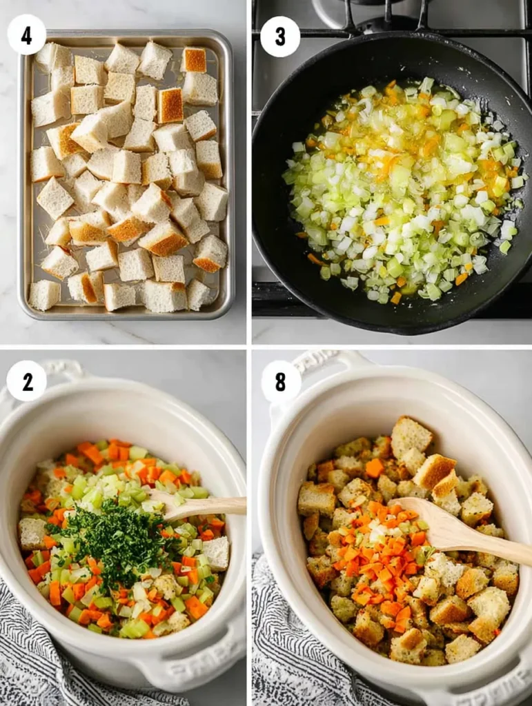 A four-panel collage showing the process of making stuffing: bread cubes, sautéing vegetables, mixing ingredients, and cooked stuffing in a slow cooker.