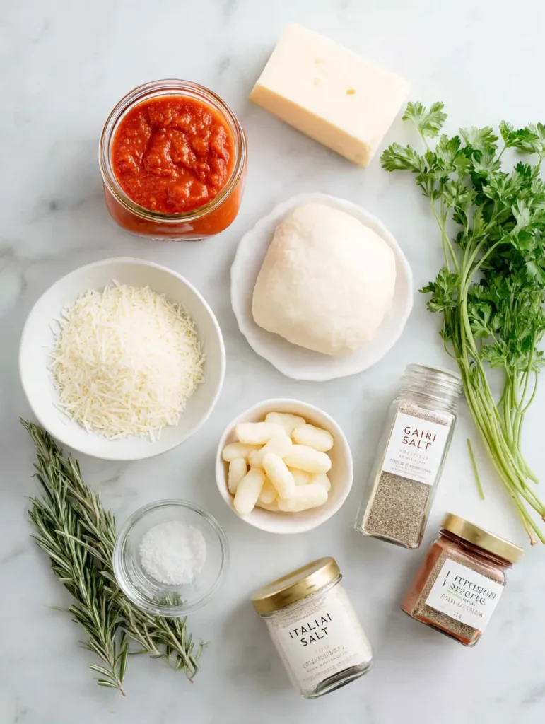An overhead flat lay of pasta-making ingredients on a white marble surface, including gnocchi, sauce, cheese, herbs, and spices.