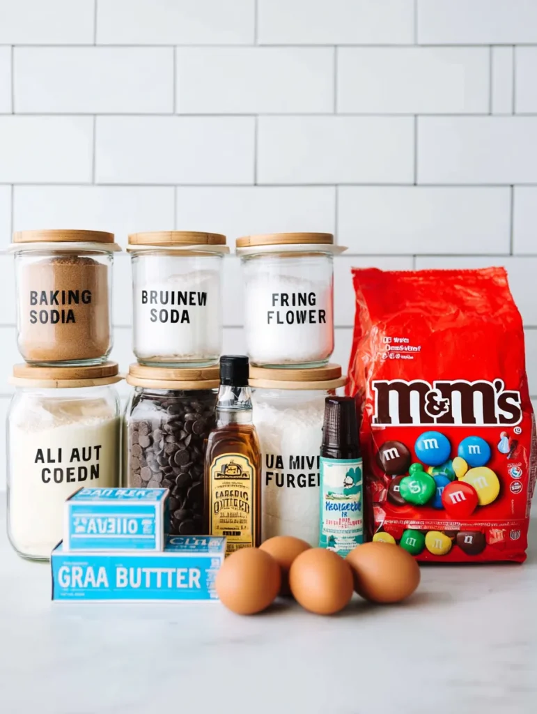 An eye-level flat lay of baking ingredients like flour, sugar, butter, eggs, and M&M's, neatly arranged on a white counter.
