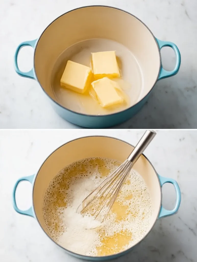 A two-panel image showing butter in a pot (left) and whisking flour, butter, and liquid to make a roux (right).
