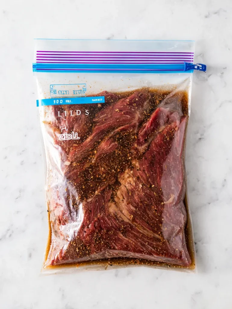 A Ziploc bag filled with raw flank steak marinating in a rich brown sauce, sitting on a white marble counter.