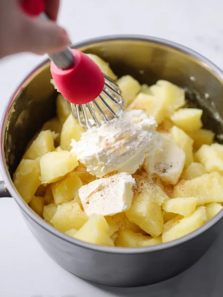A close-up high-angle shot of a hand mashing cooked yellow potatoes with butter, sour cream, salt, and pepper in a pot.
