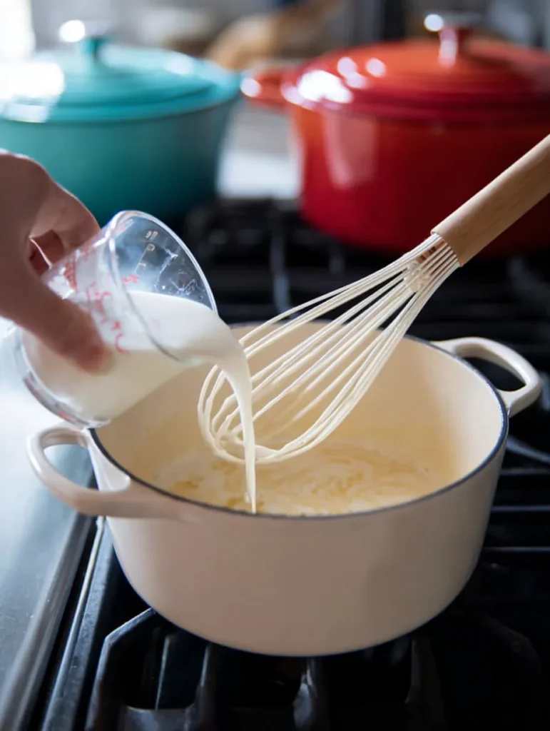 A white dutch oven on a black stovetop, with milk being poured into a simmering mixture while a hand whisks it.