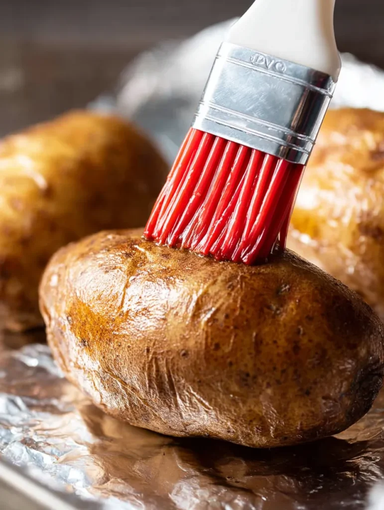 A red and white basting brush applies oil to a russet potato, making its skin glossy, resting on aluminum foil.