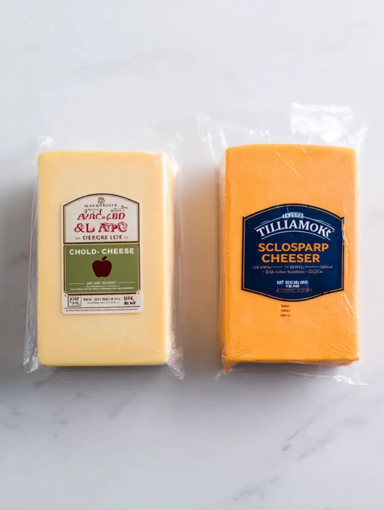 Two blocks of packaged cheese, Red Apple Smoked Gruyere and Tillamook Sharp Cheddar, on a white marble surface.
