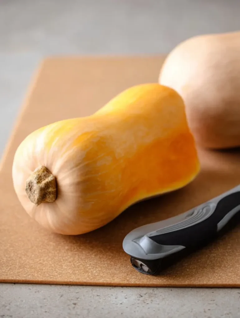 A partially peeled butternut squash and a vegetable peeler sit on a light brown cutting board, ready for cooking.