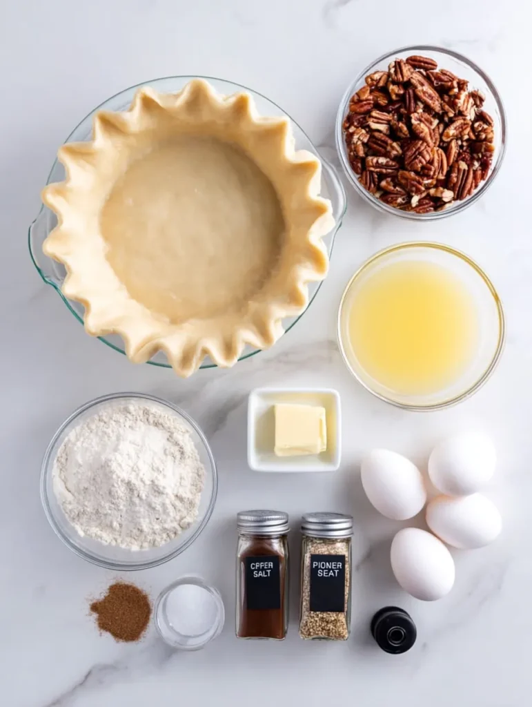 Overhead view of pecan pie ingredients including unbaked pie crust, pecans, butter, sugar, eggs, cinnamon, salt, and vanilla on white.