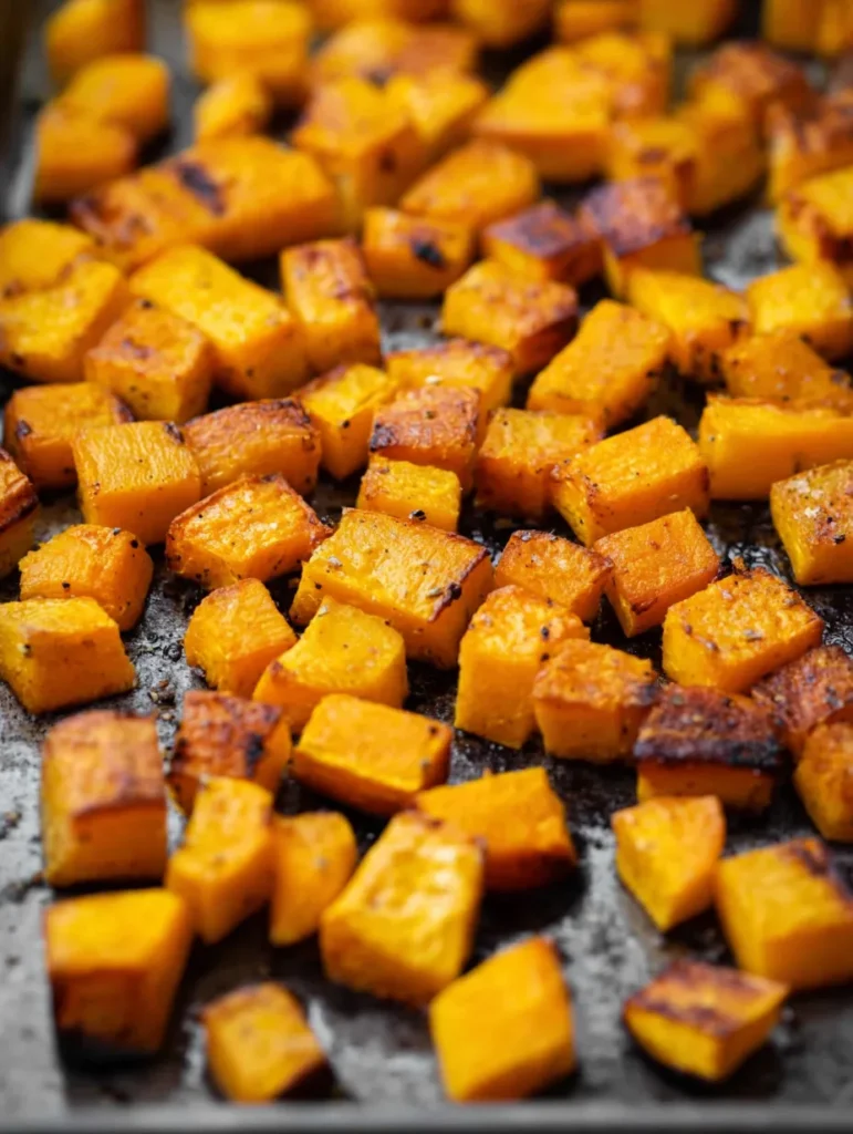 Close-up overhead shot of roasted orange butternut squash cubes with caramelized edges on a dark baking sheet.