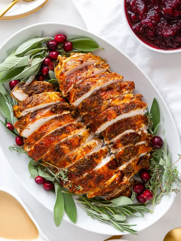 An overhead shot of a beautifully roasted, sliced turkey breast on a white platter with sage, rosemary, and cranberries.