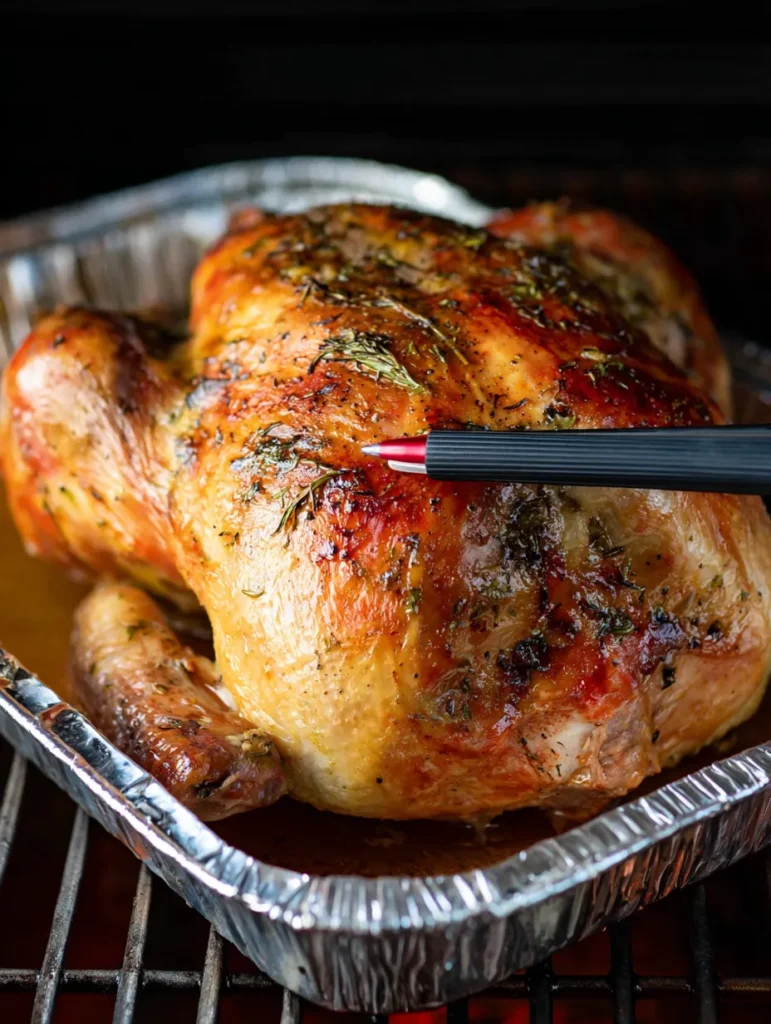 Ensuring perfection! This beautifully roasted golden-brown turkey is ready for carving, verified by a precise digital meat thermometer. The crispy skin and rich pan drippings promise a delicious meal. #RoastedTurkey #ThanksgivingDinner #HolidayFeast #FoodPhotography #Cooking