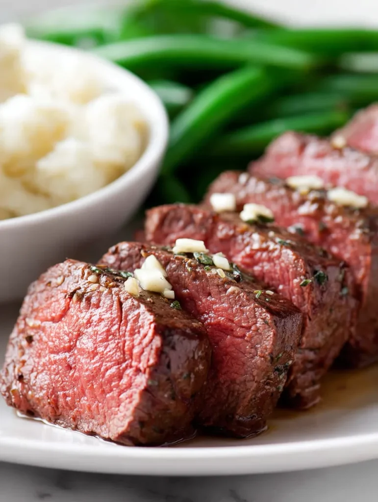 A close-up shot of sliced, medium-rare beef tenderloin garnished with garlic and herbs, alongside blurred mashed potatoes and green beans.
