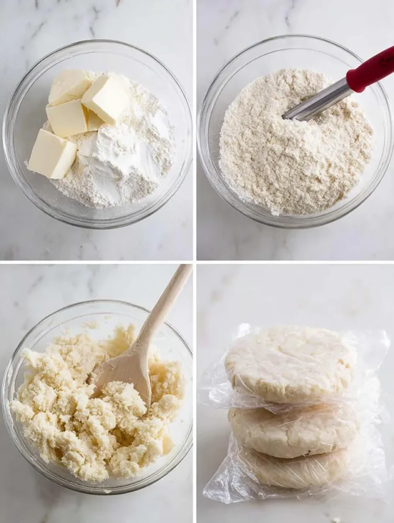 A four-panel step-by-step image showing how to prepare pie crust dough, from mixing ingredients to wrapped dough disks.