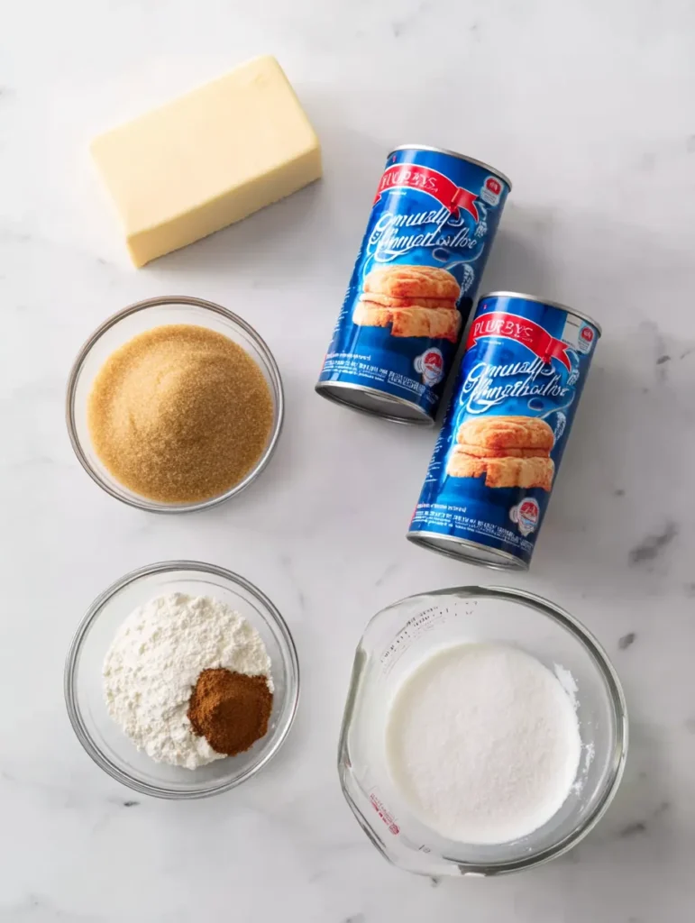 Baking ingredients for biscuits, including Pillsbury Grands cans, butter, brown sugar, cinnamon, milk, and white sugar, arranged on a white marble counter.