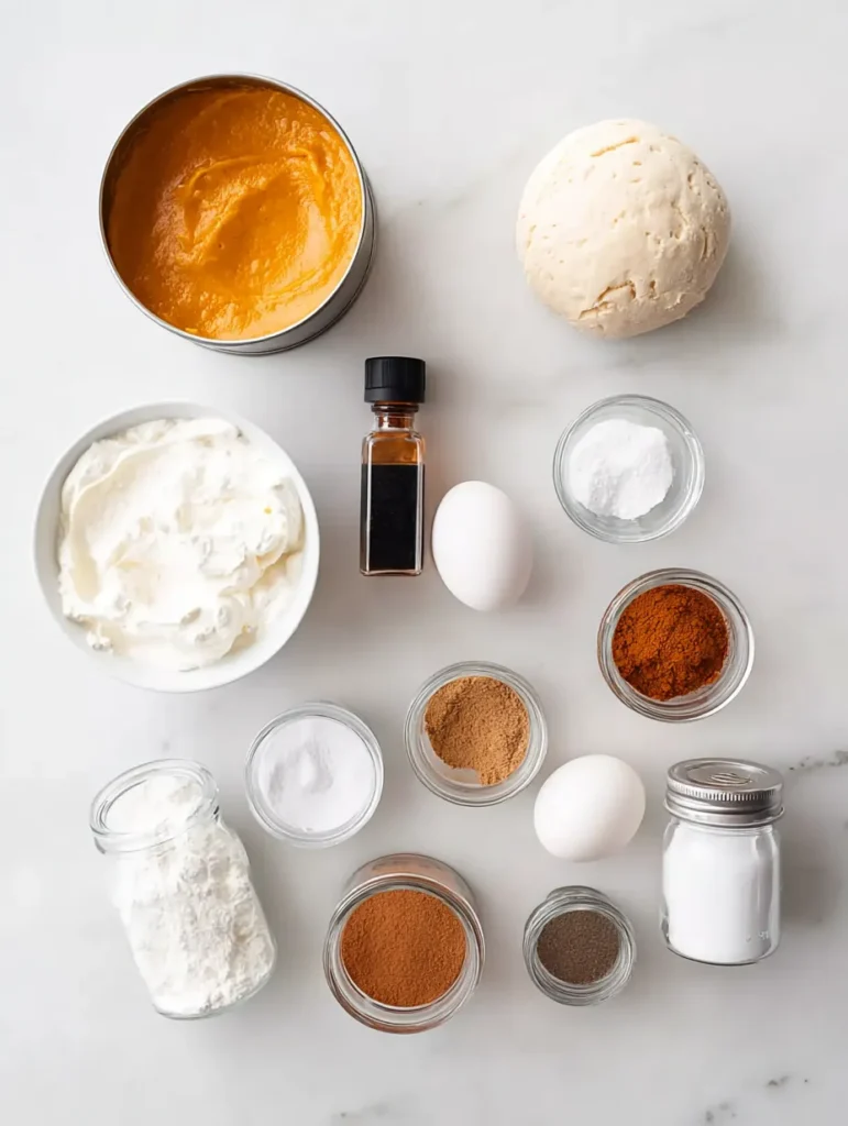 Overhead shot of pumpkin pie ingredients laid out on a white marble surface: pumpkin puree, pie dough, spices, eggs, and more.