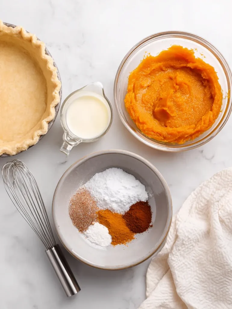 Overhead view of pumpkin pie ingredients including eggs, sugar, spices, pumpkin puree, and a pie crust on a marble surface.