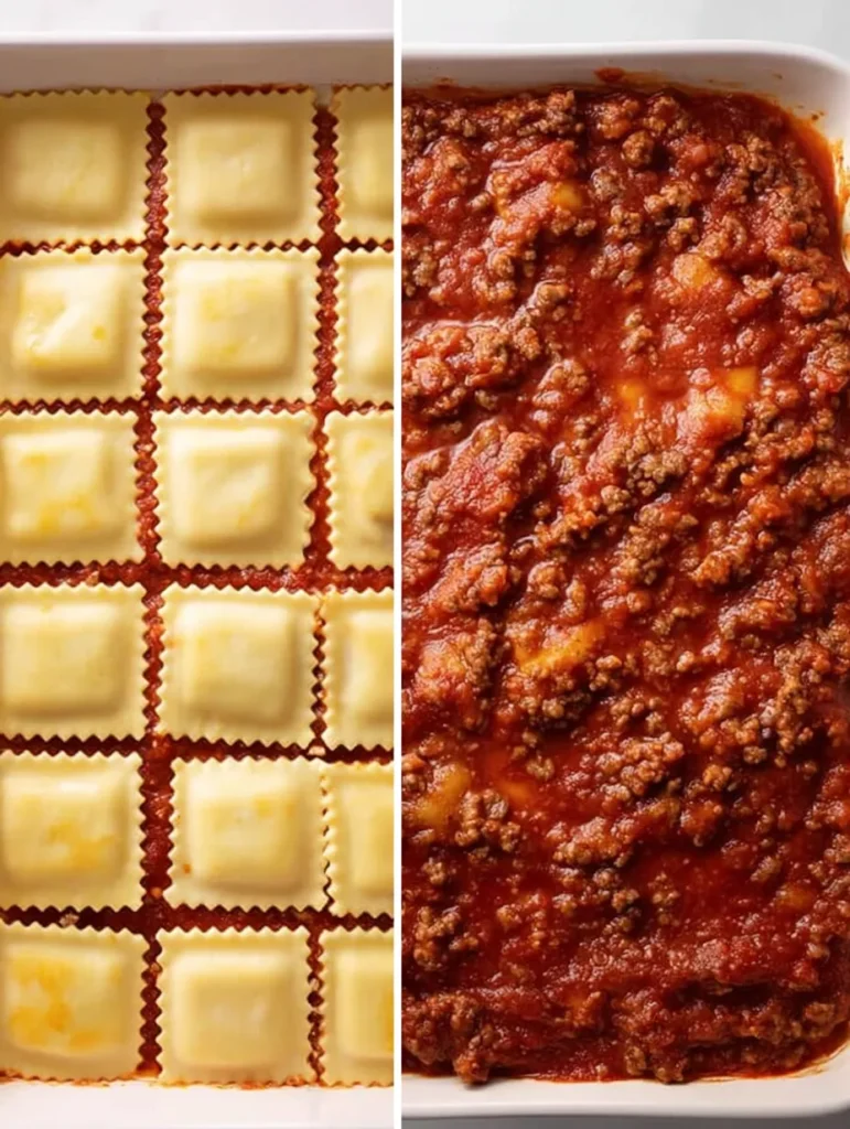 A split image showing uncooked ravioli in red sauce on the left, and a baked, chunky red meat sauce casserole on the right.