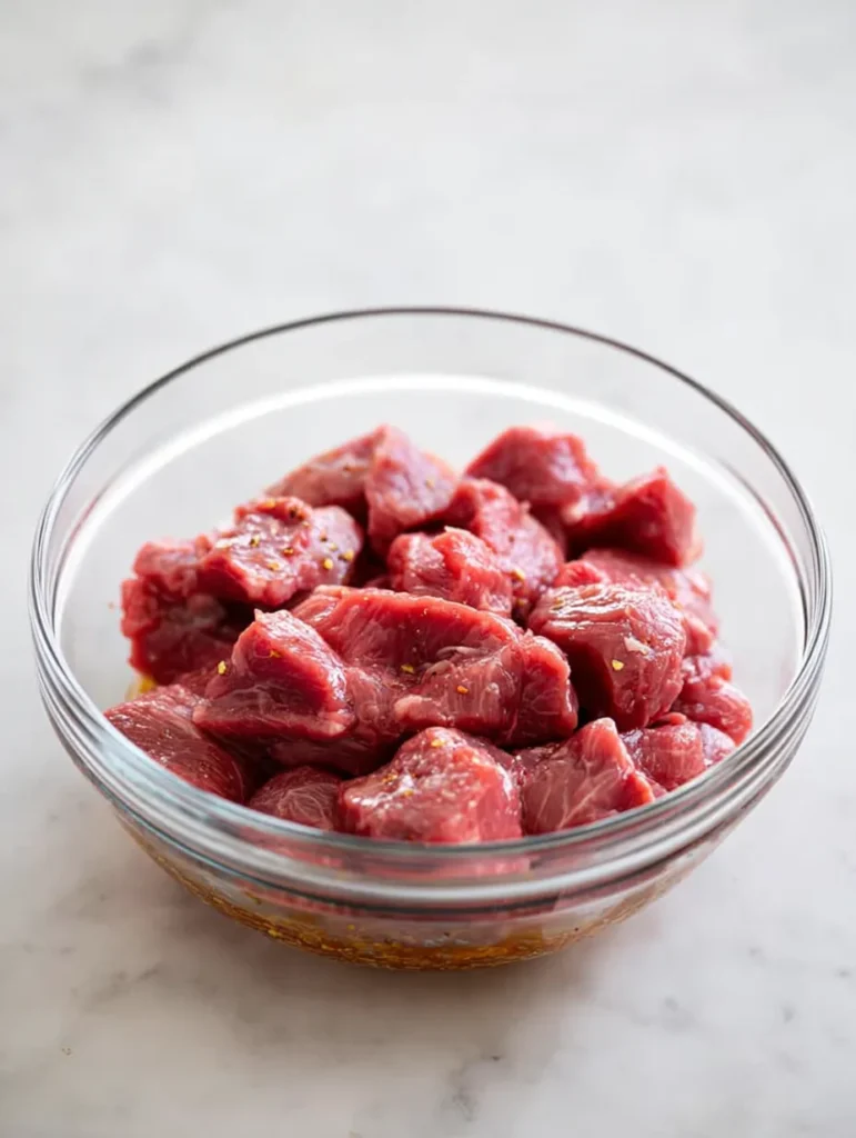 Raw beef stew cubes marinating in a clear glass bowl on a white marble countertop, ready for cooking.