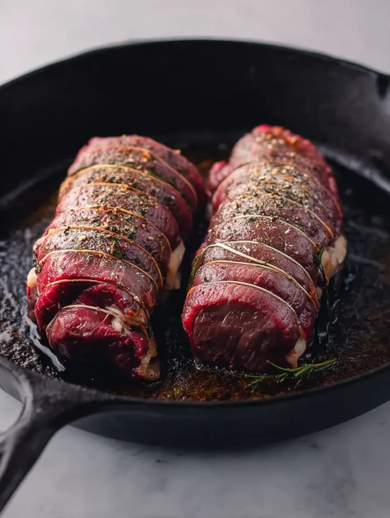 Two seasoned raw beef roasts tied with butcher string, searing in a black cast iron skillet on a white marble surface, from an overhead perspective.