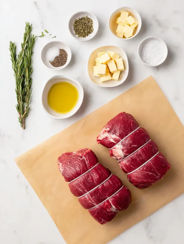 Two raw beef roasts tied with string on butcher paper, surrounded by bowls of olive oil, herbs, garlic, mustard, butter, salt, and pepper on a marble surface.