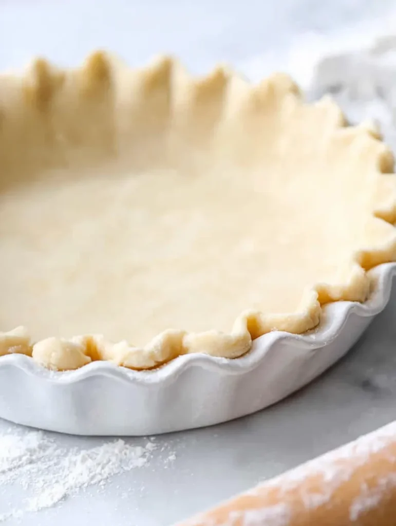 A raw, unbaked pie crust waits in a white fluted ceramic dish, ready for filling, set on a light gray surface.