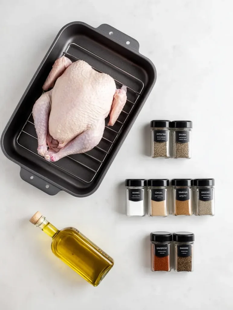 An overhead shot of raw turkey breast in a roasting pan with spices and olive oil on a white surface.