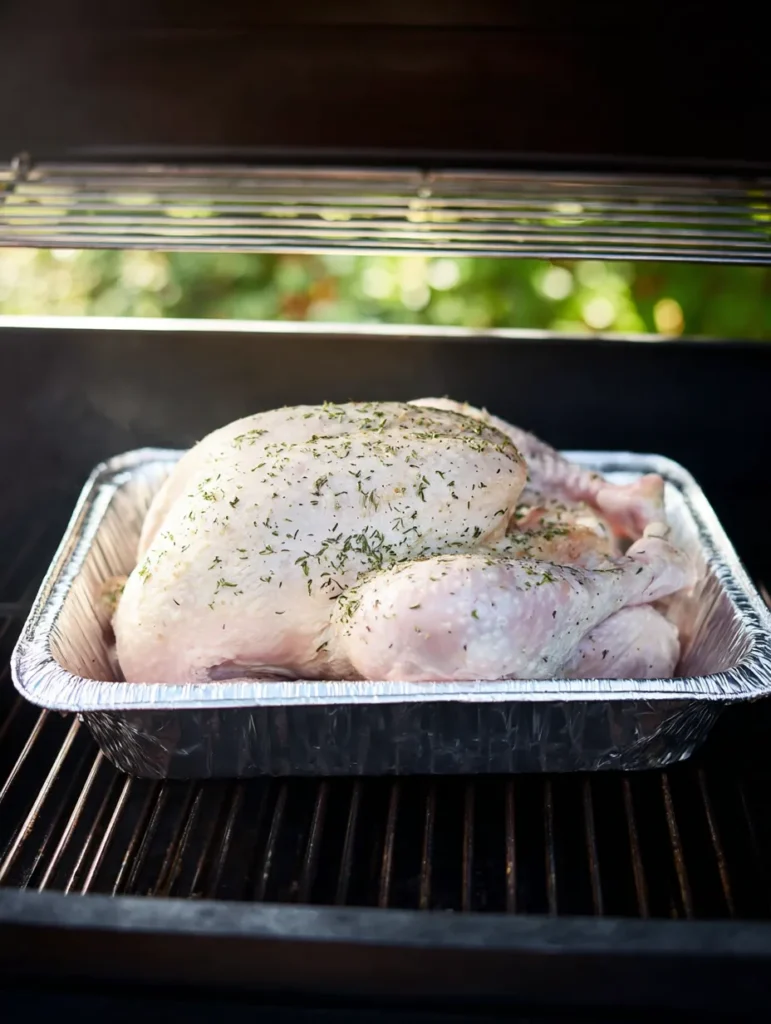 A raw, seasoned whole turkey in a foil roasting pan, ready for cooking inside a barbecue smoker.