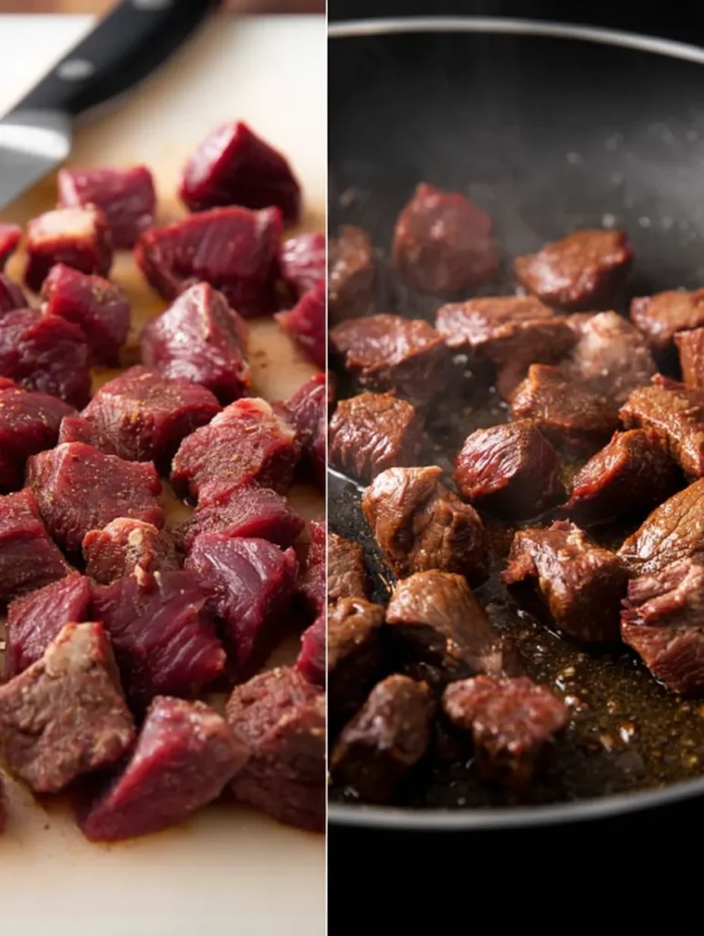 Two-panel image showing cubed beef: raw, seasoned chunks on a white board left; browning in a pan on the right.