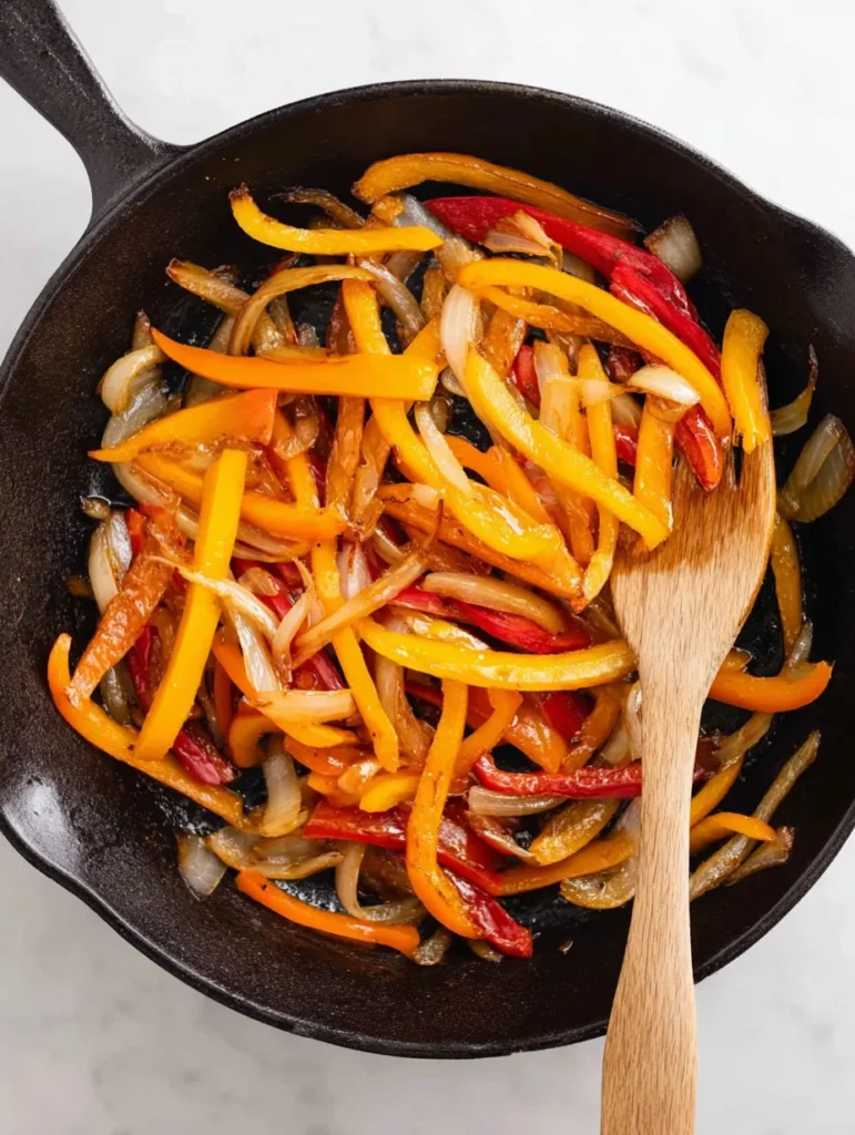 Overhead view of colorful sautéed bell peppers and onions in a black cast iron skillet with a wooden spatula.