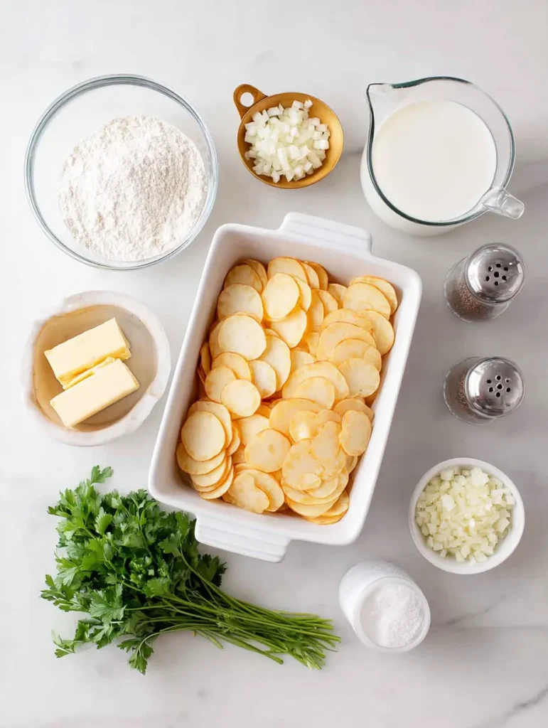 Ingredients for scalloped potatoes arranged neatly on a white marble counter, including sliced potatoes in a baking dish.