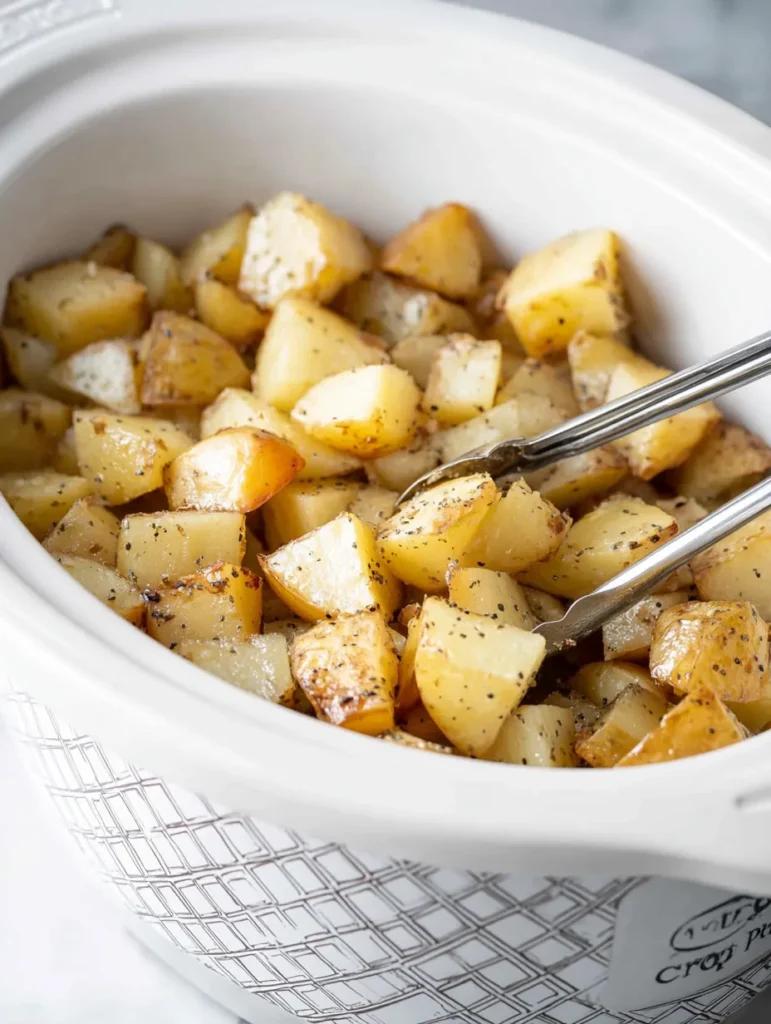 Close-up of diced, seasoned roasted potatoes in a white Crock-Pot, with metal tongs. The potatoes are golden, glistening, and peppered, ready for serving.