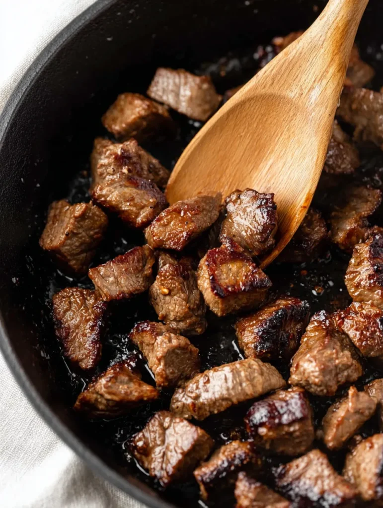 A close-up overhead view of golden-brown beef chunks cooking in a black cast iron skillet, with a wooden spoon.